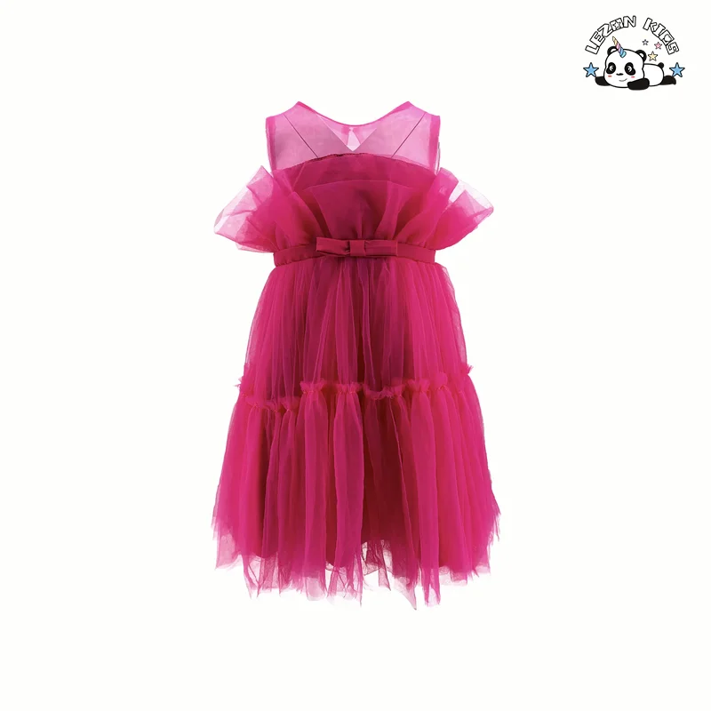 LEZONKIDS - Customizable Spring Sleeveless Mesh Children's Dress Solid Bow Knot Dress Girl Princess Dress